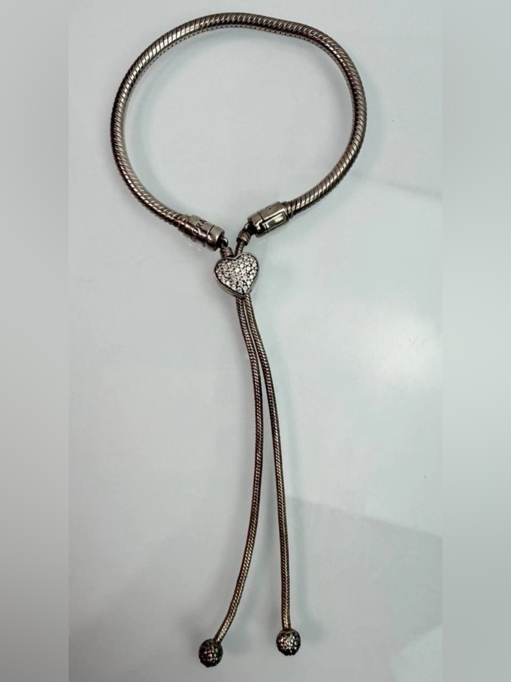 Pandora Sterling Snake Chain Pave Heart Slider Clasp Charm Bracelet Adjustable
